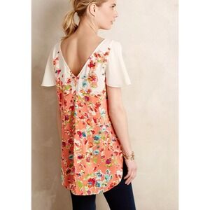 Maeve Anthropologie Silk Chiffon Floral Tunic Medium Orange Split Flutter Sleeve